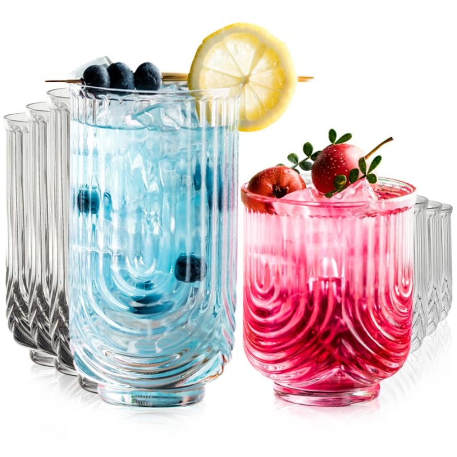 Highball Glass Set - Art Deco Cocktail Glasses, Ribbed Drinking