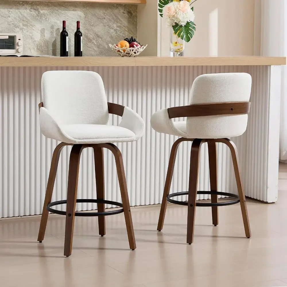 Home Bar Stools - Beige Fabric Swivel Bar Stools with