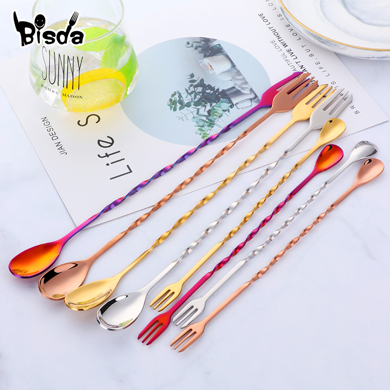 Bar Spoon Twisted - Cocktail Bar Spoons with Fork, Swizzle