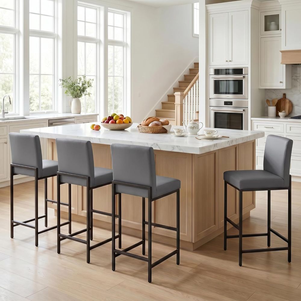 Home Bar Stools - Set of 4 Grey Upholstered Leatherette
