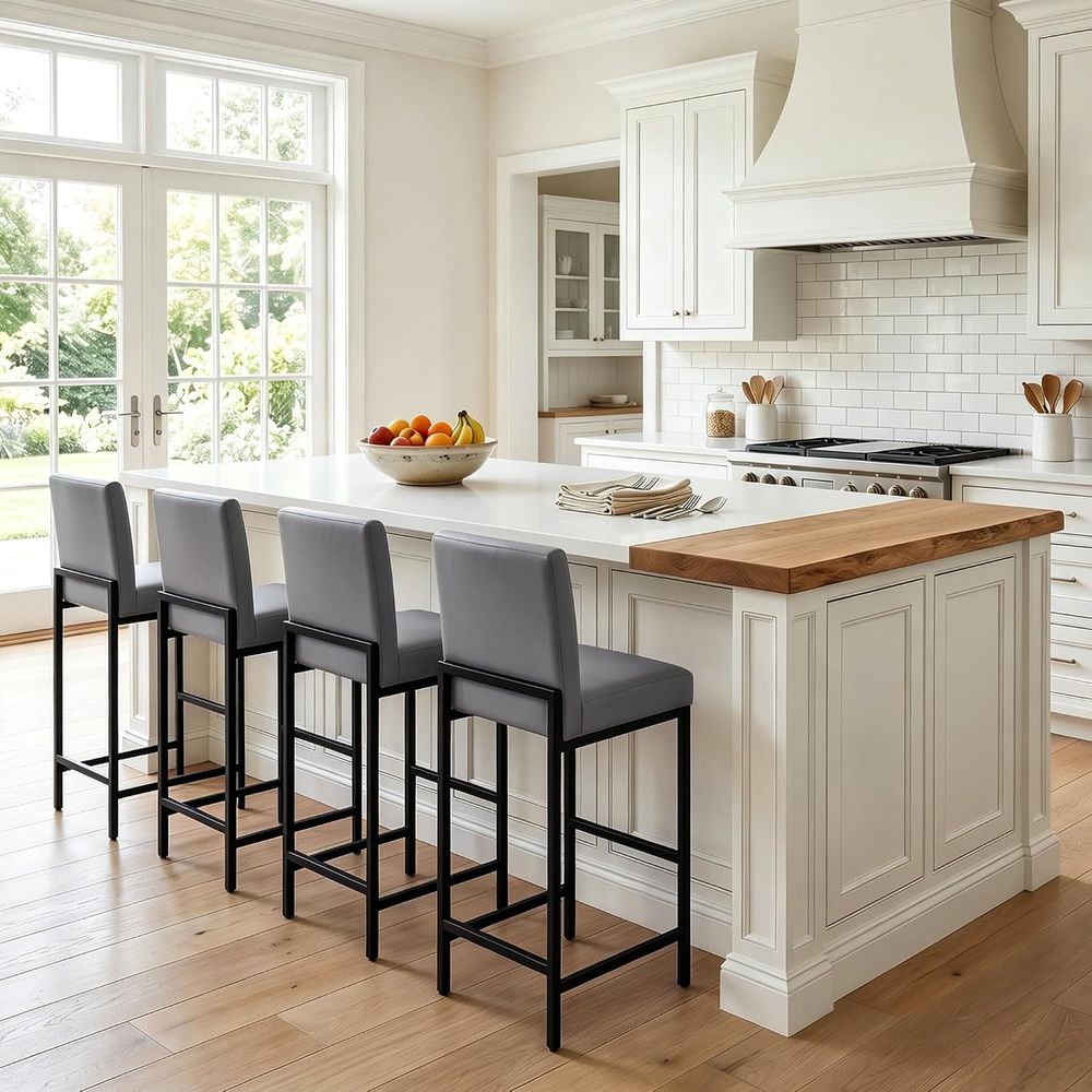 Set of 4 Grey Upholstered Leat - Home Bar Stools ulasan dan harga